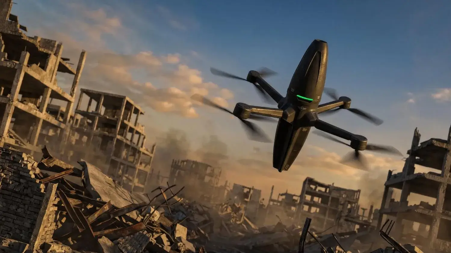 Illustration of an aerial drone flying above an urban environment