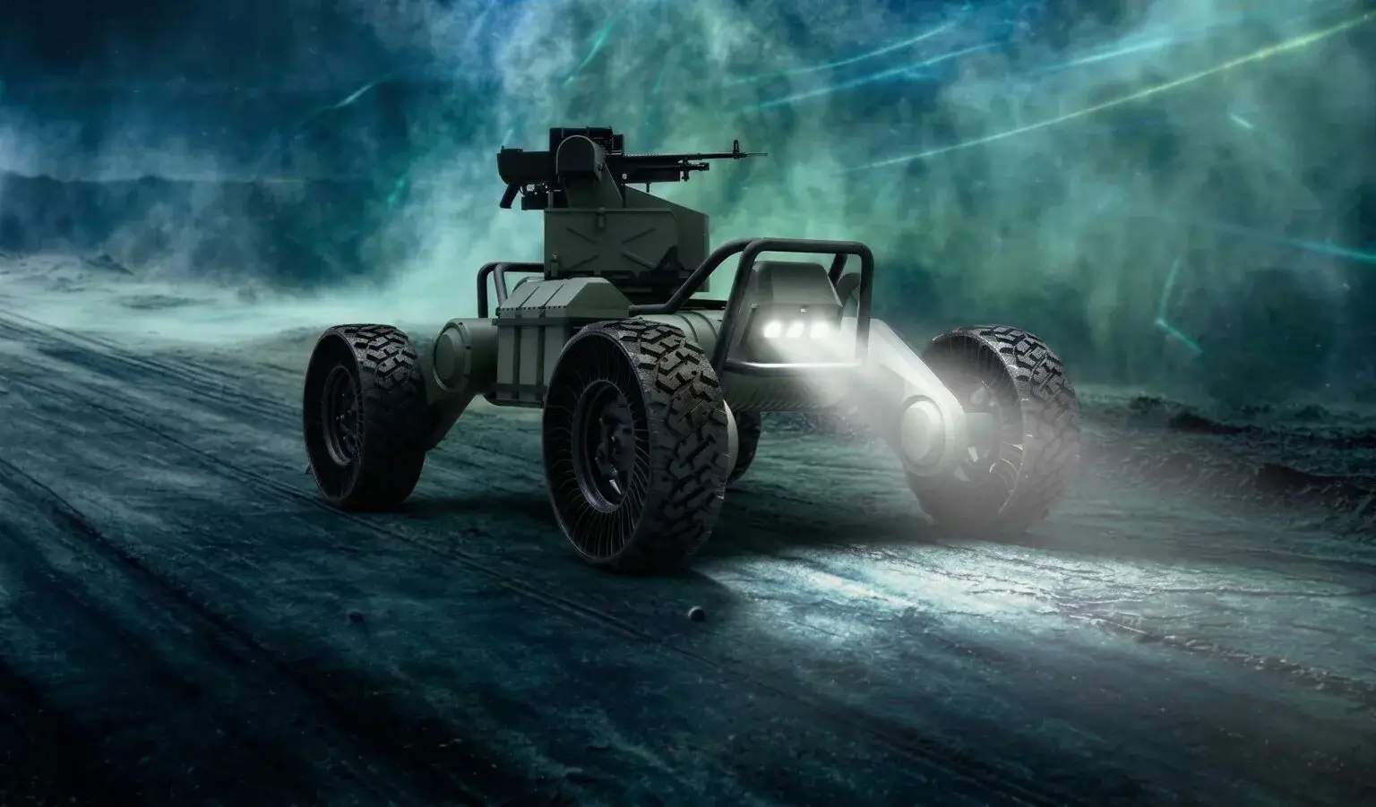 Official VisionWave illustration of a VARAN ground vehicle in rugged terrain