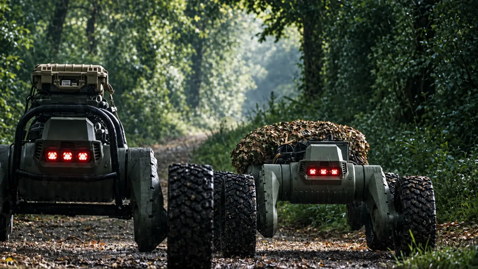 AI-enhanced company image of two VARAN ground vehicles on a forest track
