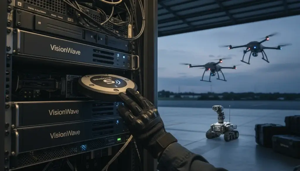 VisionWave company illustration showing sensing equipment alongside aerial and ground systems
