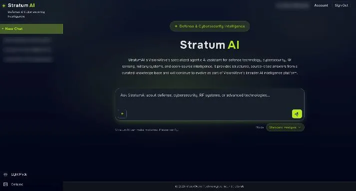 Stratum AI product interface for defense and cybersecurity intelligence